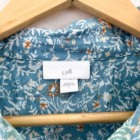 J. Jill Ditsy Floral Button Down Blouse Large Long Sleeve Blue Green Cotton - Picture 3 of 6